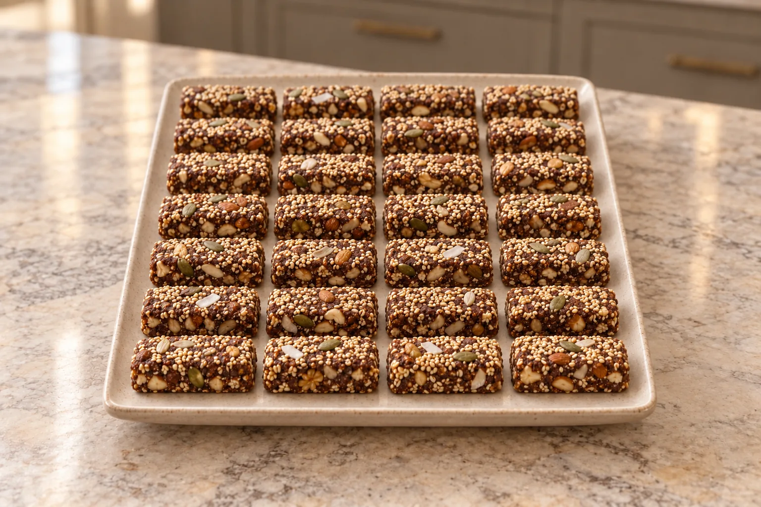 Twenty-eight no-bake sesame chocolate nut bites arranged in seven rows of four