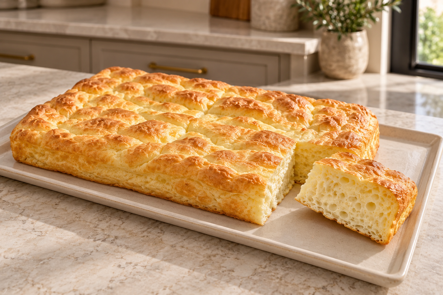 Large rectangular Brie cloud bread with a cut piece showing its airy interior for Later Full GAPS