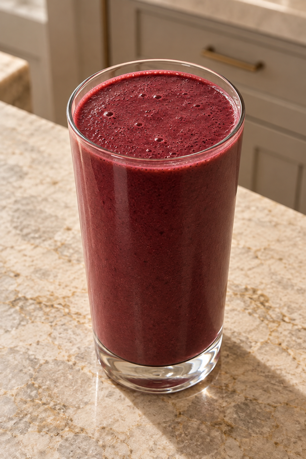 Overhead view of a smooth dark burgundy cacao beet smoothie