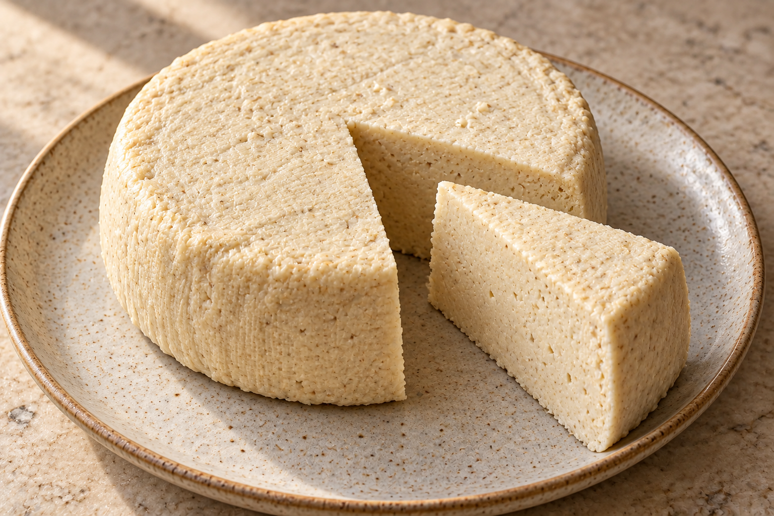 Sliced dehydrated Full GAPS fermented macadamia nut cheese showing a dense pale center