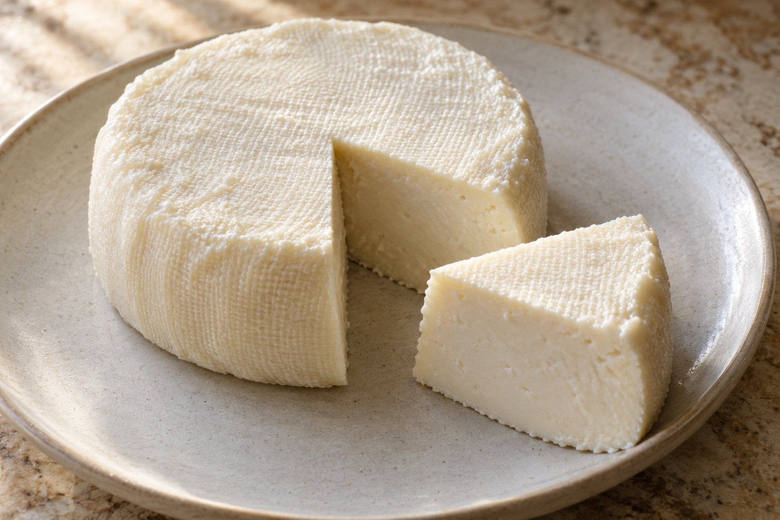 Sliced strained and chilled Full GAPS fermented macadamia nut cheese showing a smooth dense center