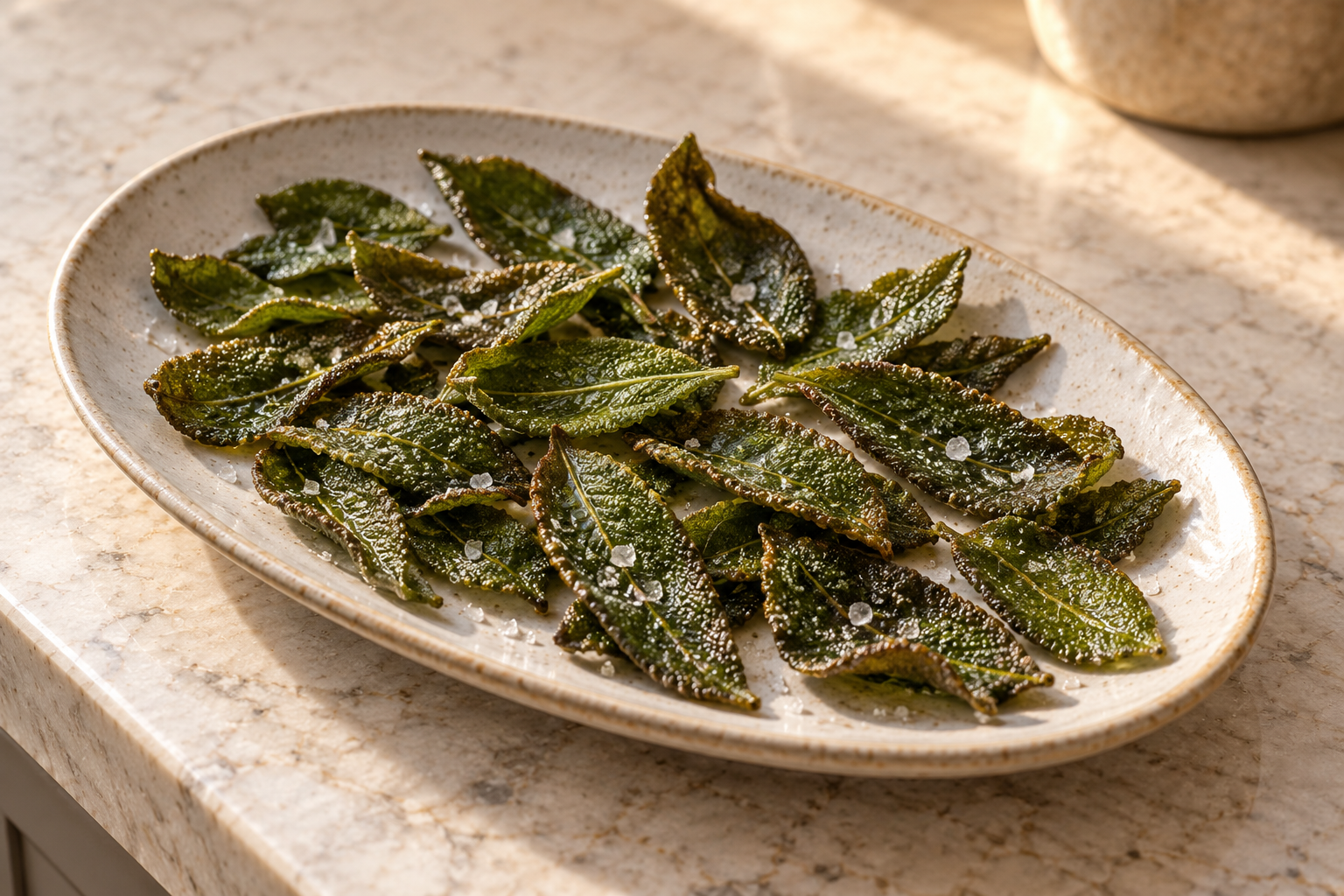 Overhead platter of crisp Quick Skillet-Fried Sage leaves lightly salted for Full GAPS