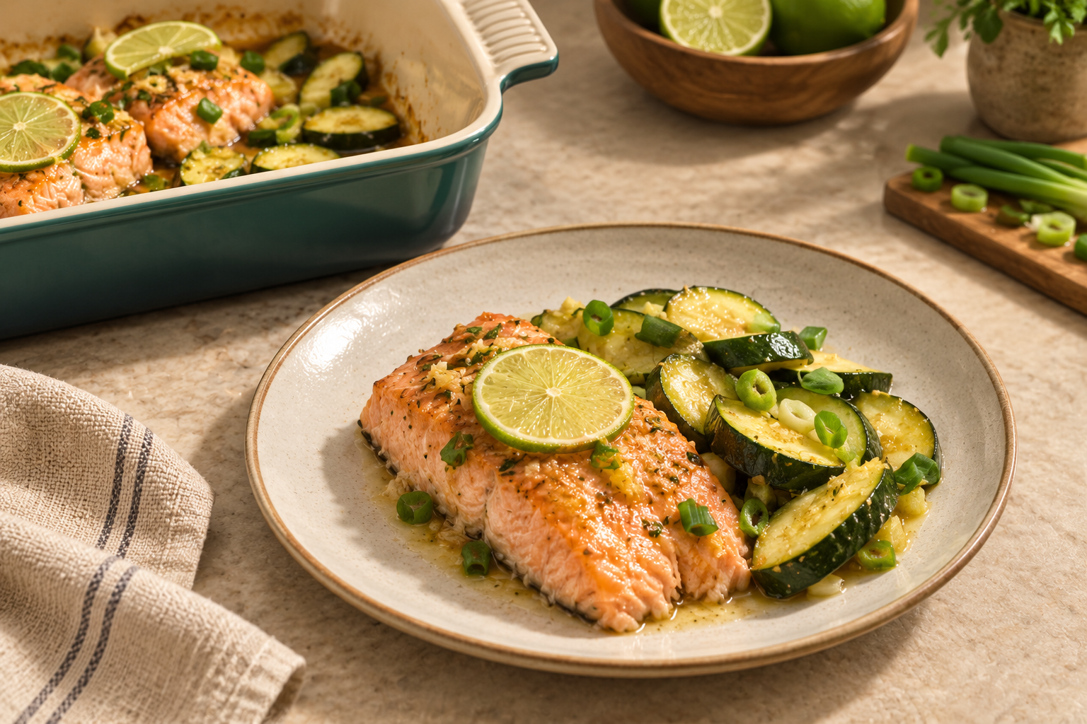 Plated moist Ginger-Lime Salmon with tender zucchini and lime beside the Artichaut baking dish