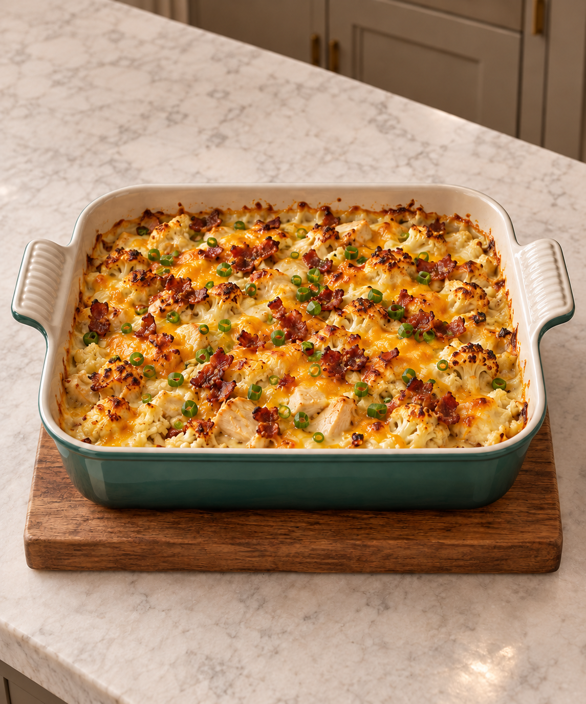 Overhead view of golden cauliflower chicken au gratin with bacon