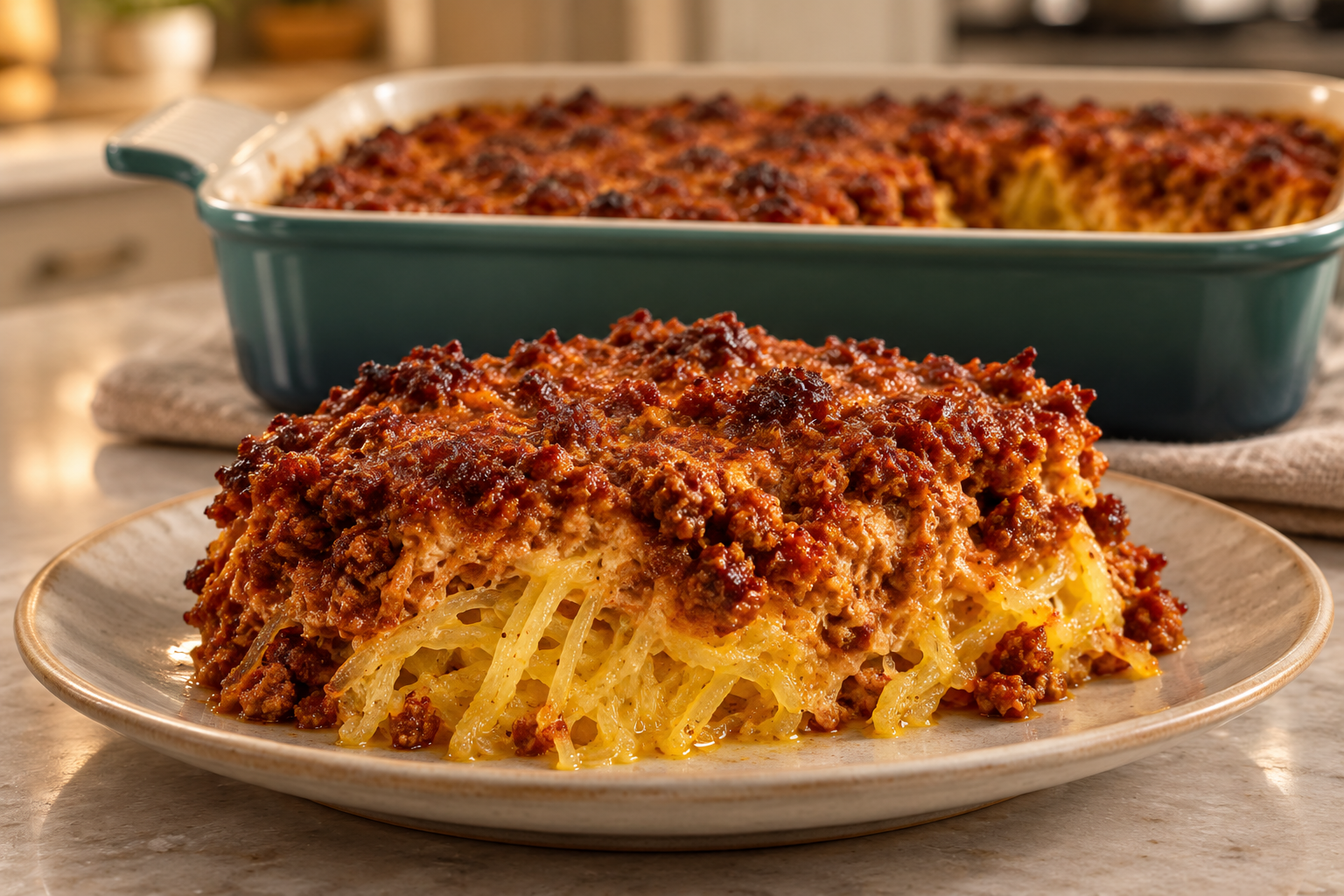 Crosswise serving of dairy-free chorizo-stuffed spaghetti squash showing golden strands and browned filling