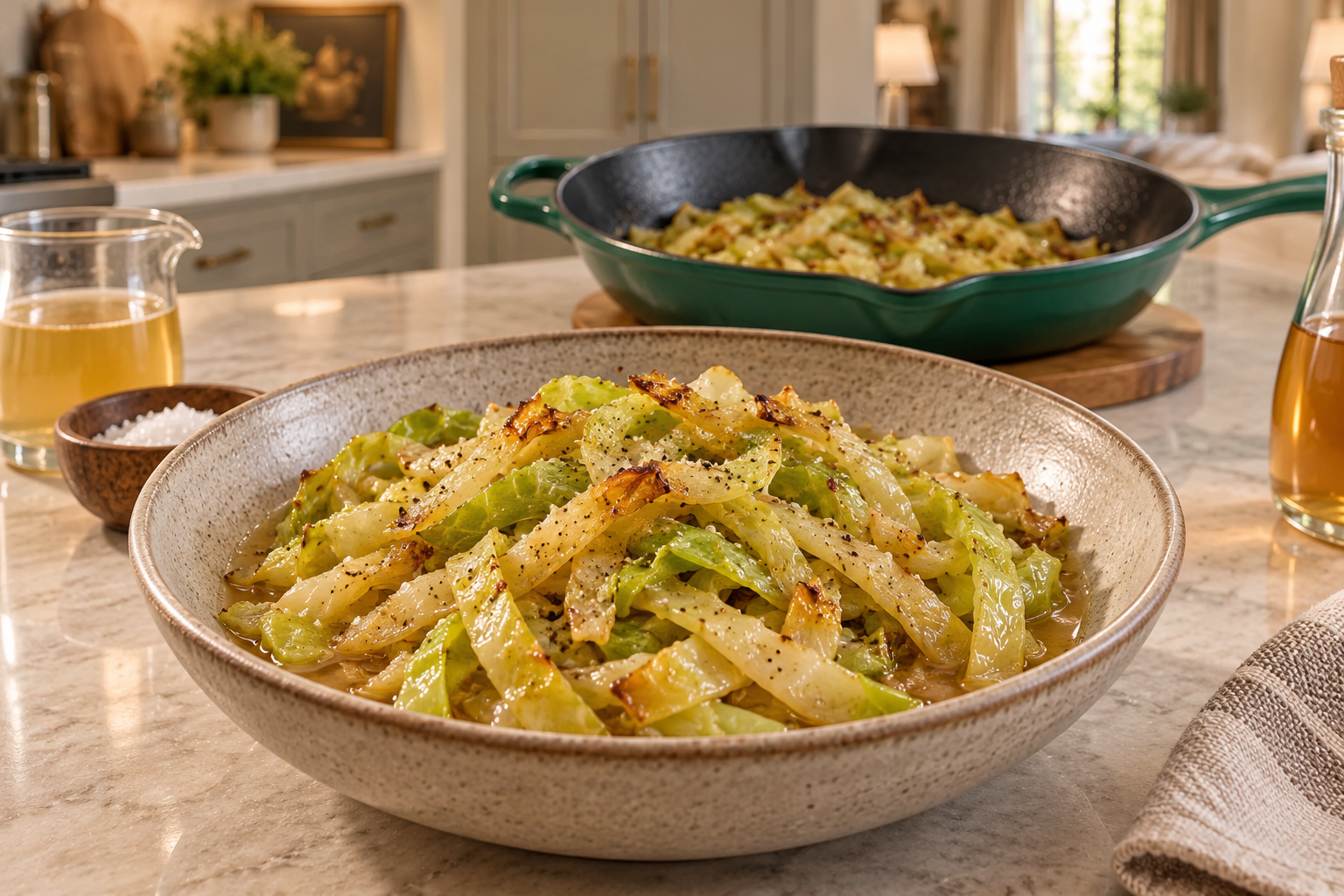 Serving bowl of Full GAPS braised cabbage noodles showing separated tender strips and glossy pan juices