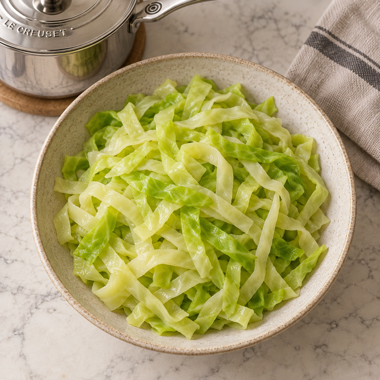 Overhead view of fully drained Full GAPS boiled cabbage noodles with separated pale-green ribbons