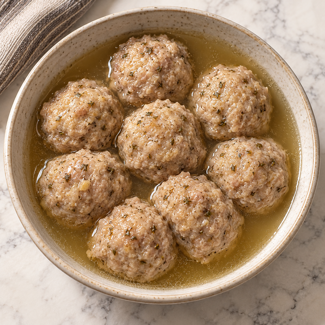 Overhead bowl of Full GAPS poached turkey thyme meatballs in clear homemade meat stock