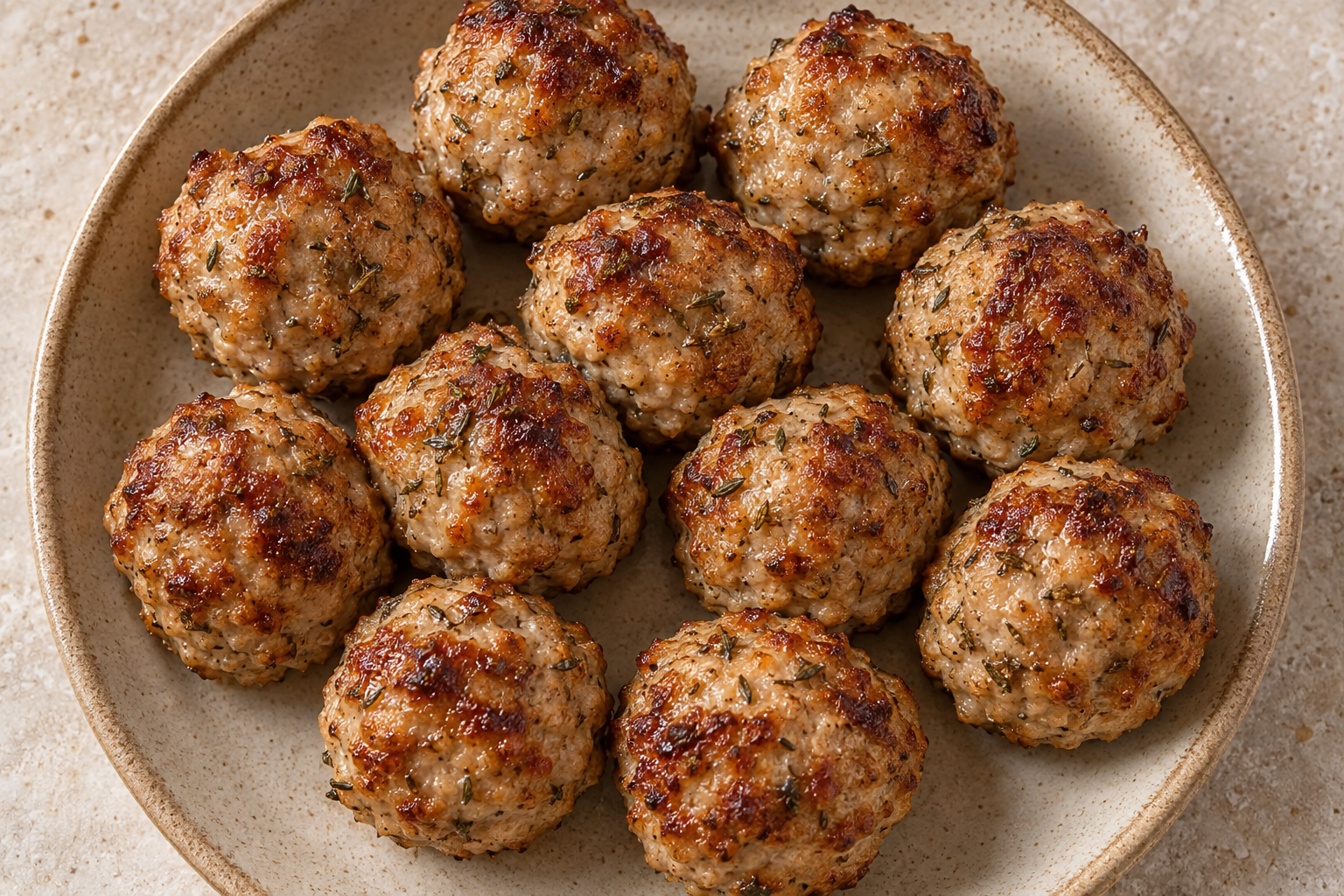 Overhead plate of browned Full GAPS baked turkey thyme meatballs