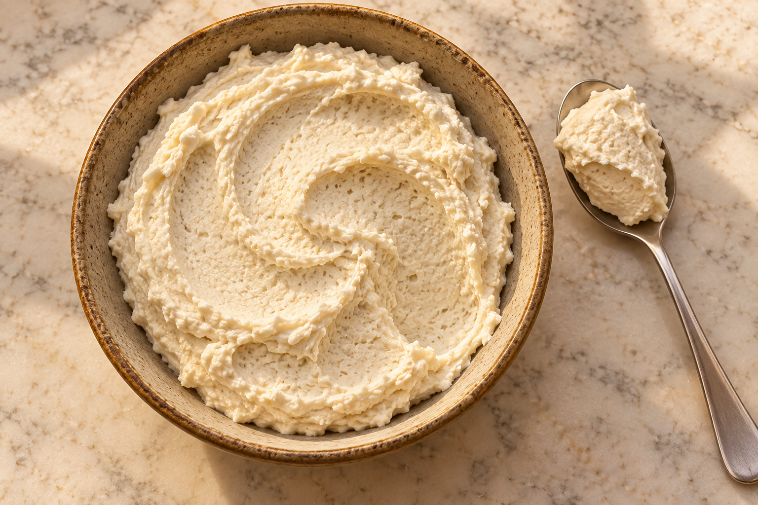 Overhead bowl of soft Full GAPS fermented macadamia nut cheese with a supported stainless spoonful