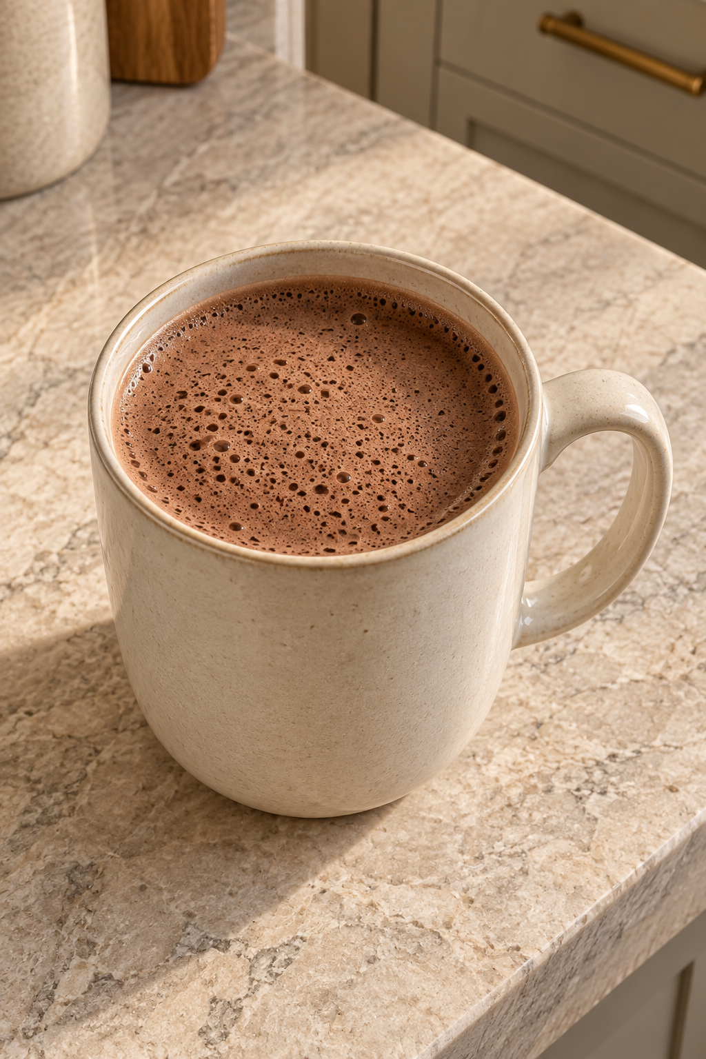 Overhead view of blended cocoa hot chocolate with a fine foamy surface