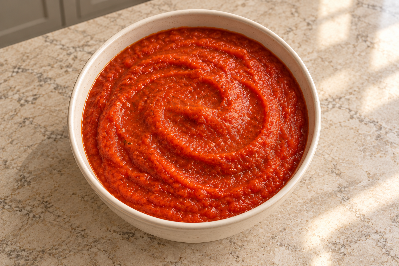 Overhead view of thick carrot beet and turnip nomato sauce