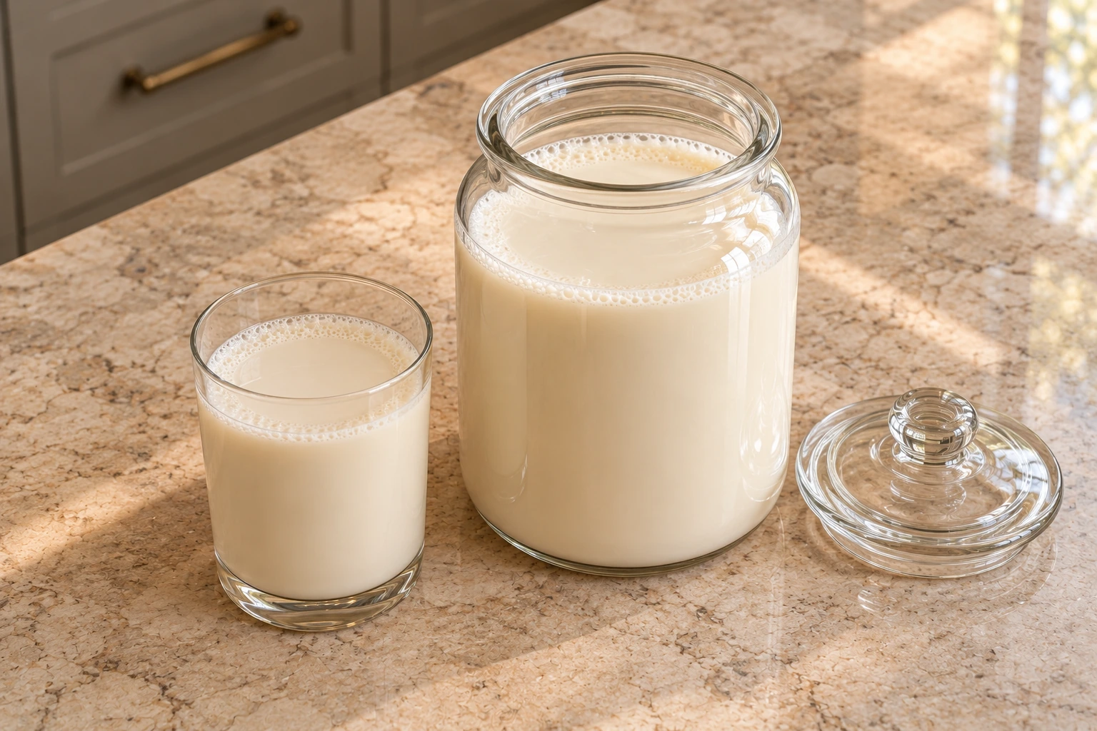 Glass jar and serving glass of properly prepared macadamia nut milk