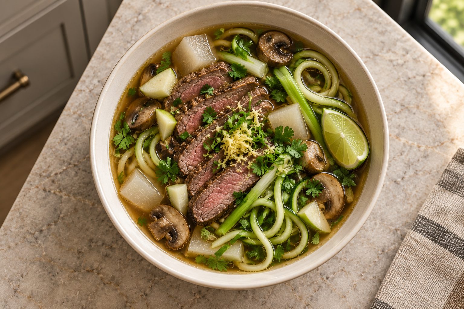 Overhead bowl of Bun Bo Hue with zucchini noodles and pink-centered top sirloin