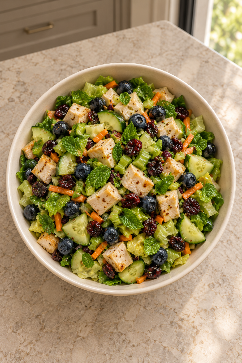 Overhead view of Full GAPS blueberry chicken chopped salad with cranberries and mint