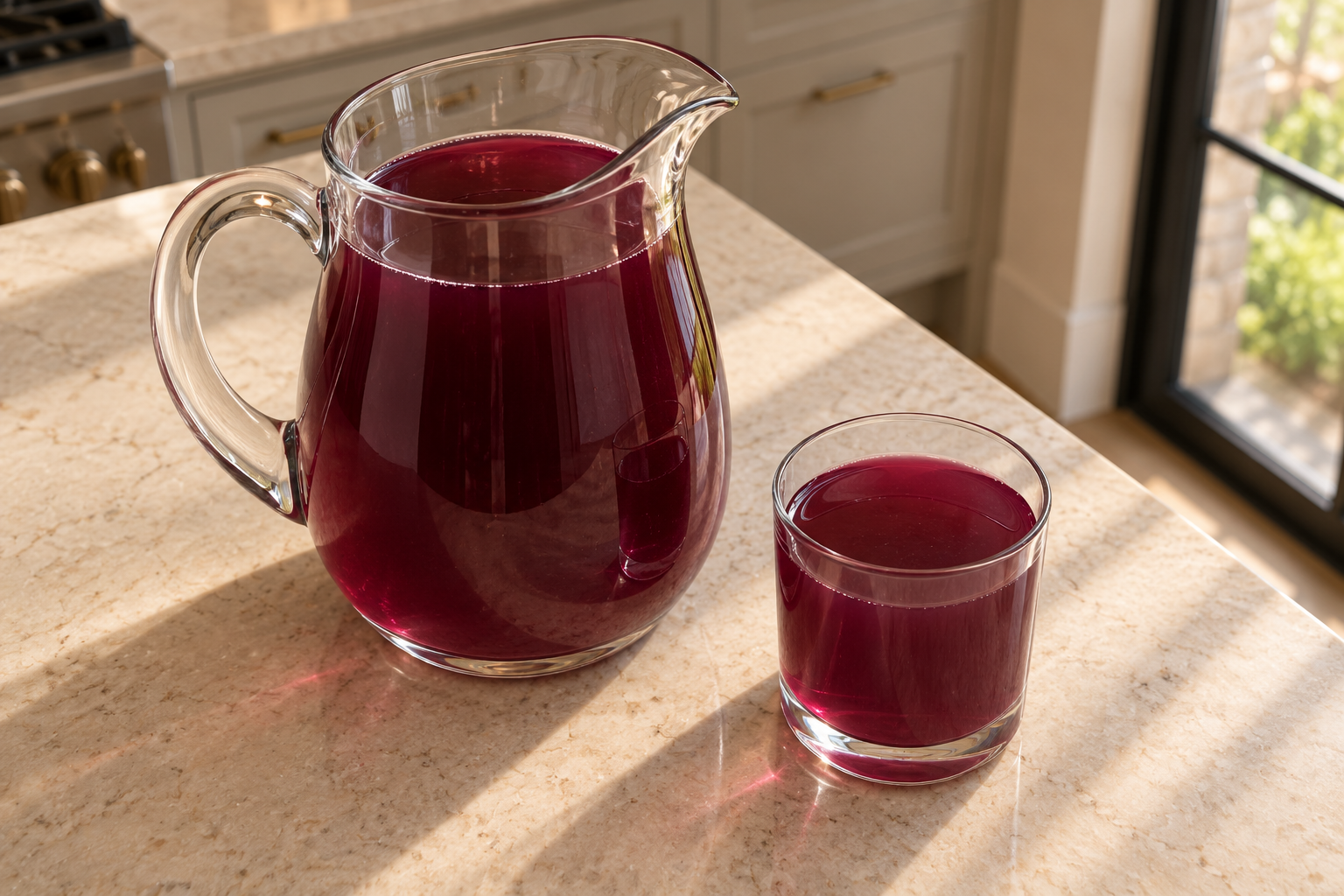 High-angle pitcher and glass of translucent lavender blueberry switchel