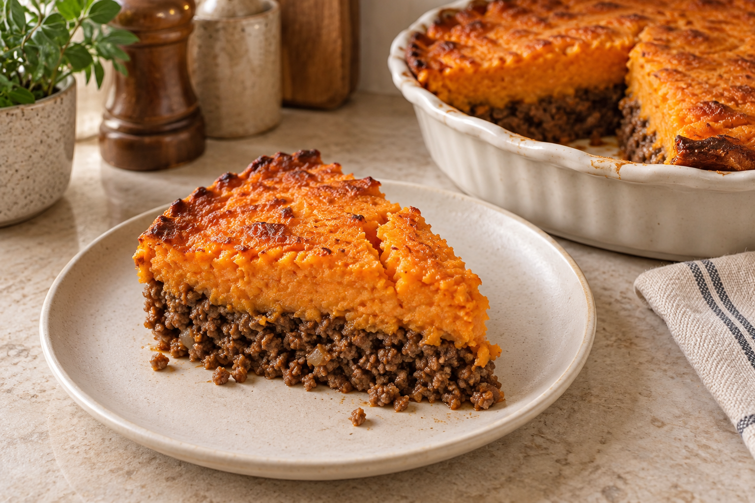 Slice of carrot and beef pie showing mashed carrot over seasoned ground beef