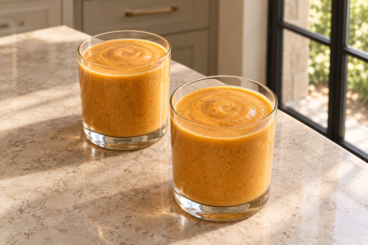 High-angle view of two carrot cinnamon smoothies with a smooth orange-gold surface