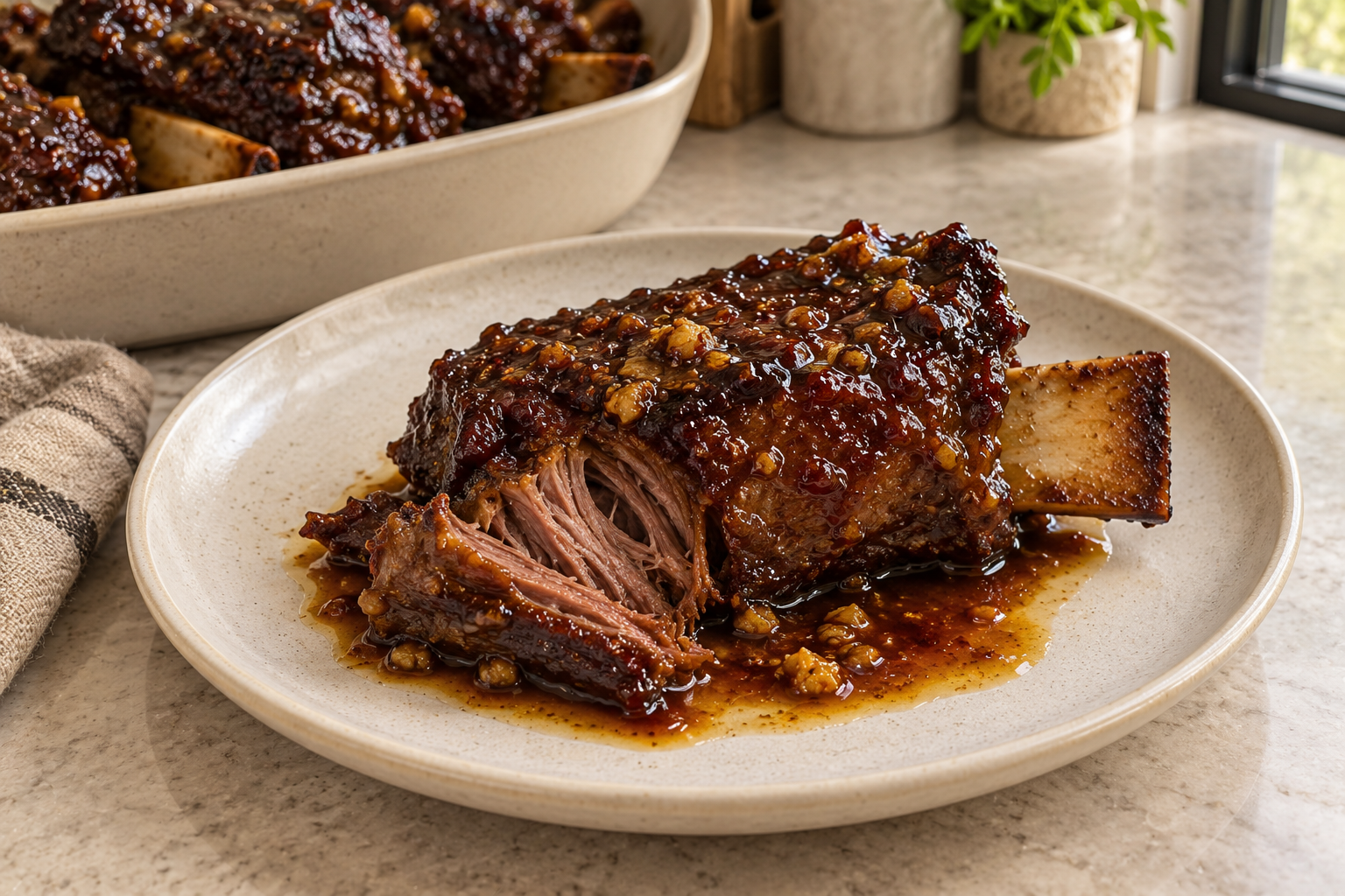 Fork-tender Chinese beef short rib with meat pulled back from the bone in glossy Full GAPS sauce