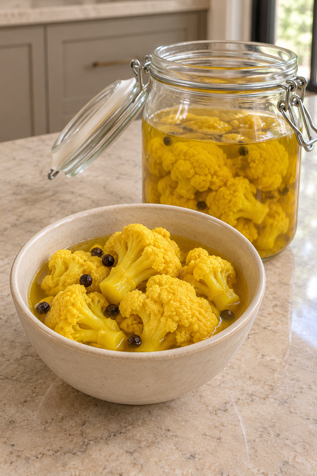 Bowl of fermented cauliflower pickles with turmeric and black pepper beside an open glass jar