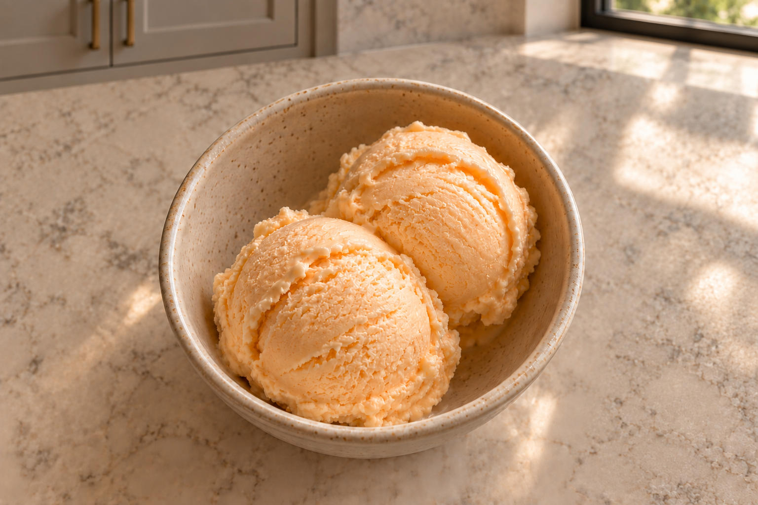 Overhead view of two cantaloupe coconut milk ice cream scoops