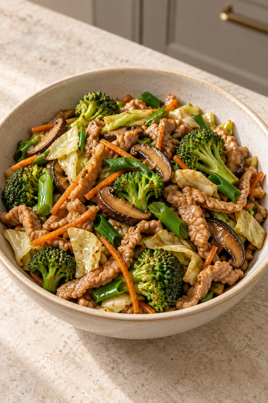 Overhead bowl of hot and sour pork stir fry with broccoli cabbage shiitake and carrot