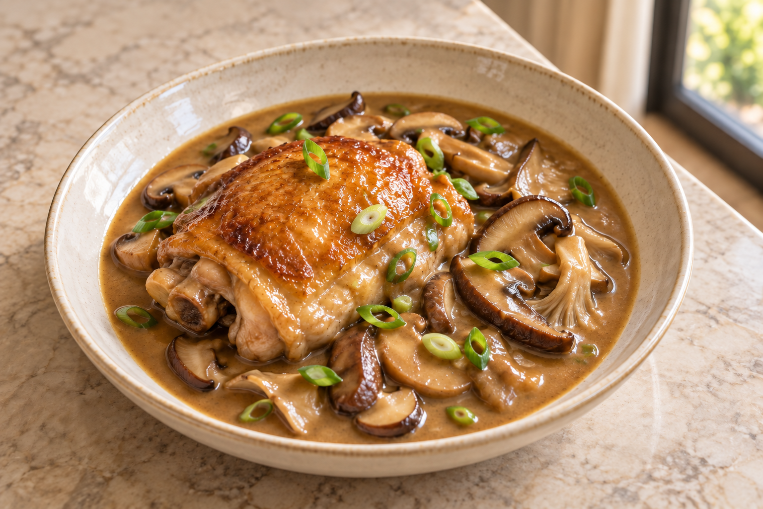 High-angle view of roasted chicken with creamy wild mushroom gravy