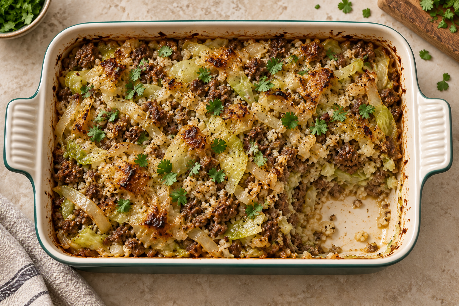 Overhead view of baked GAPS cabbage roll casserole with a serving removed