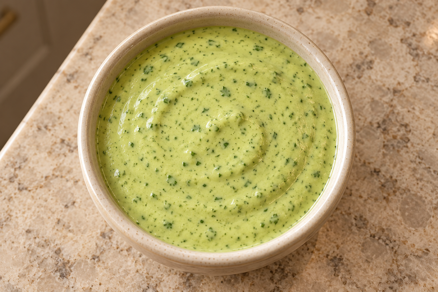 Overhead view of cilantro lime ranch dressing in a cream ceramic dipping bowl