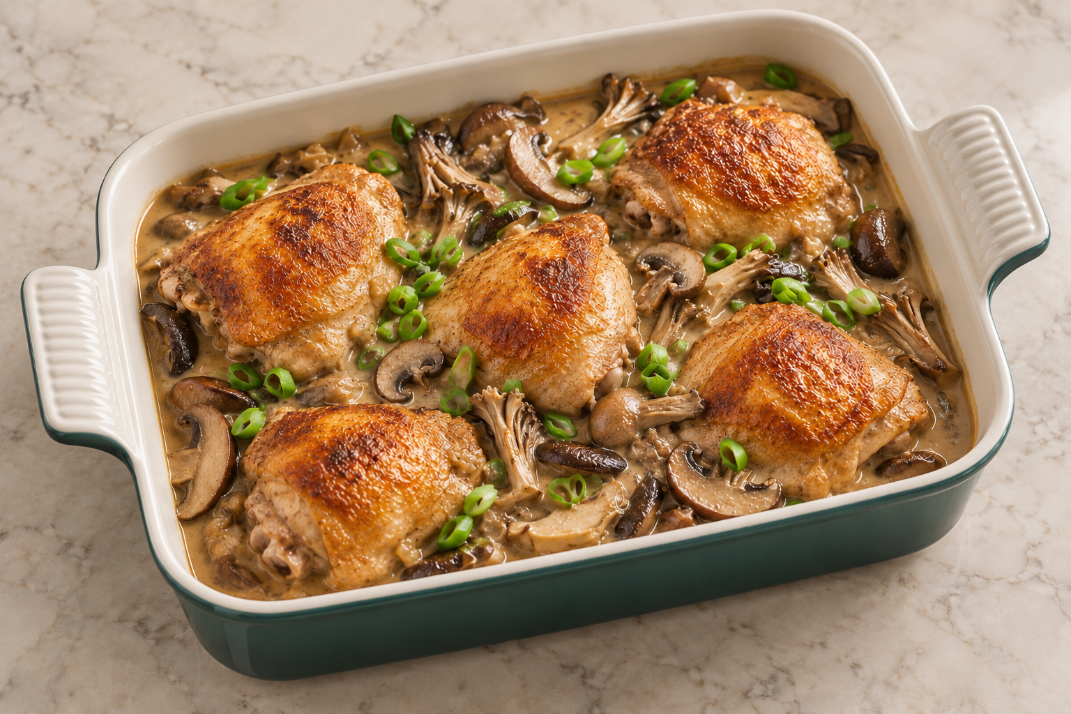 Overhead view of Chinese chicken and wild mushroom casserole in an Artichaut baking dish