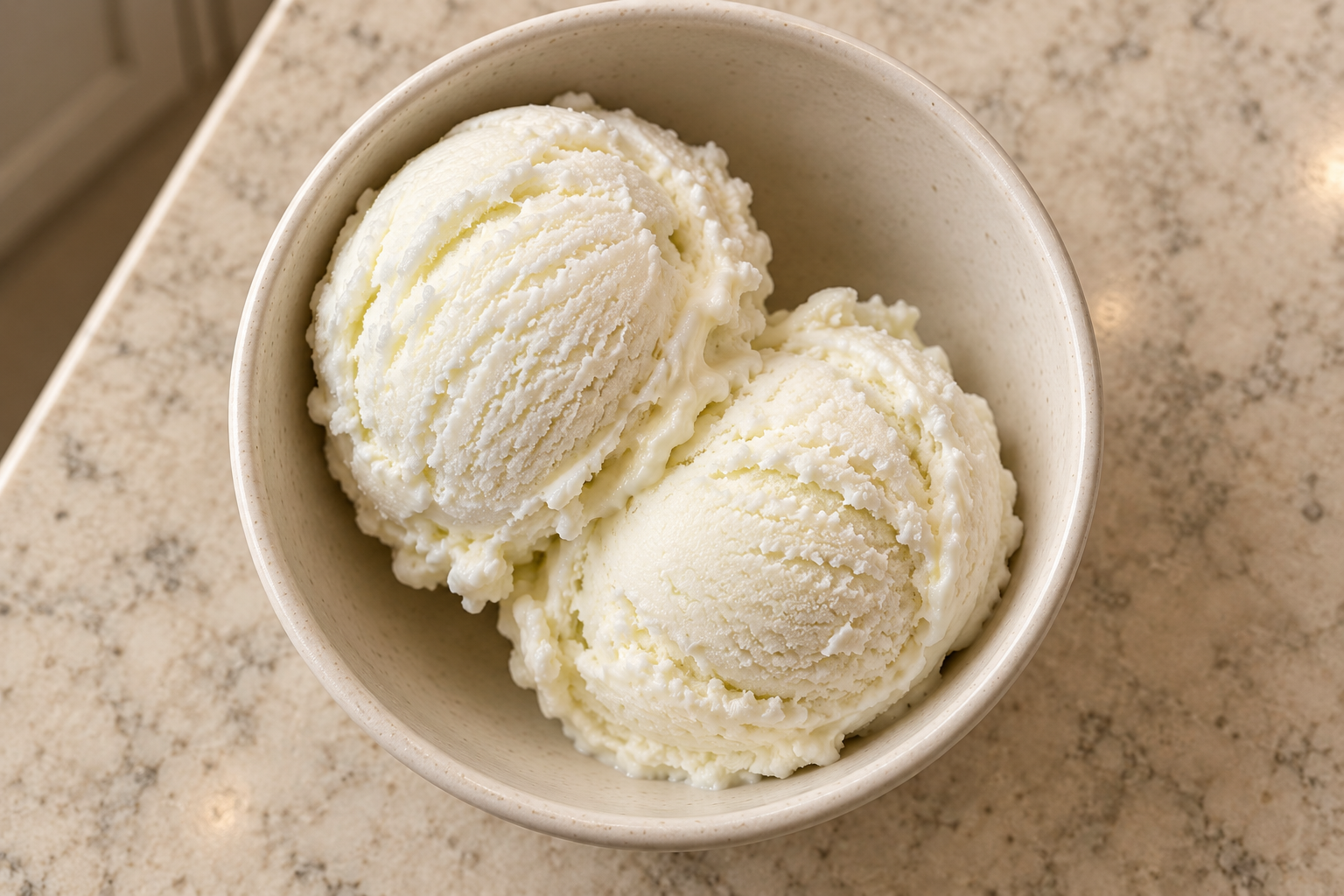 Overhead view of two scoops of coconut lime ice cream