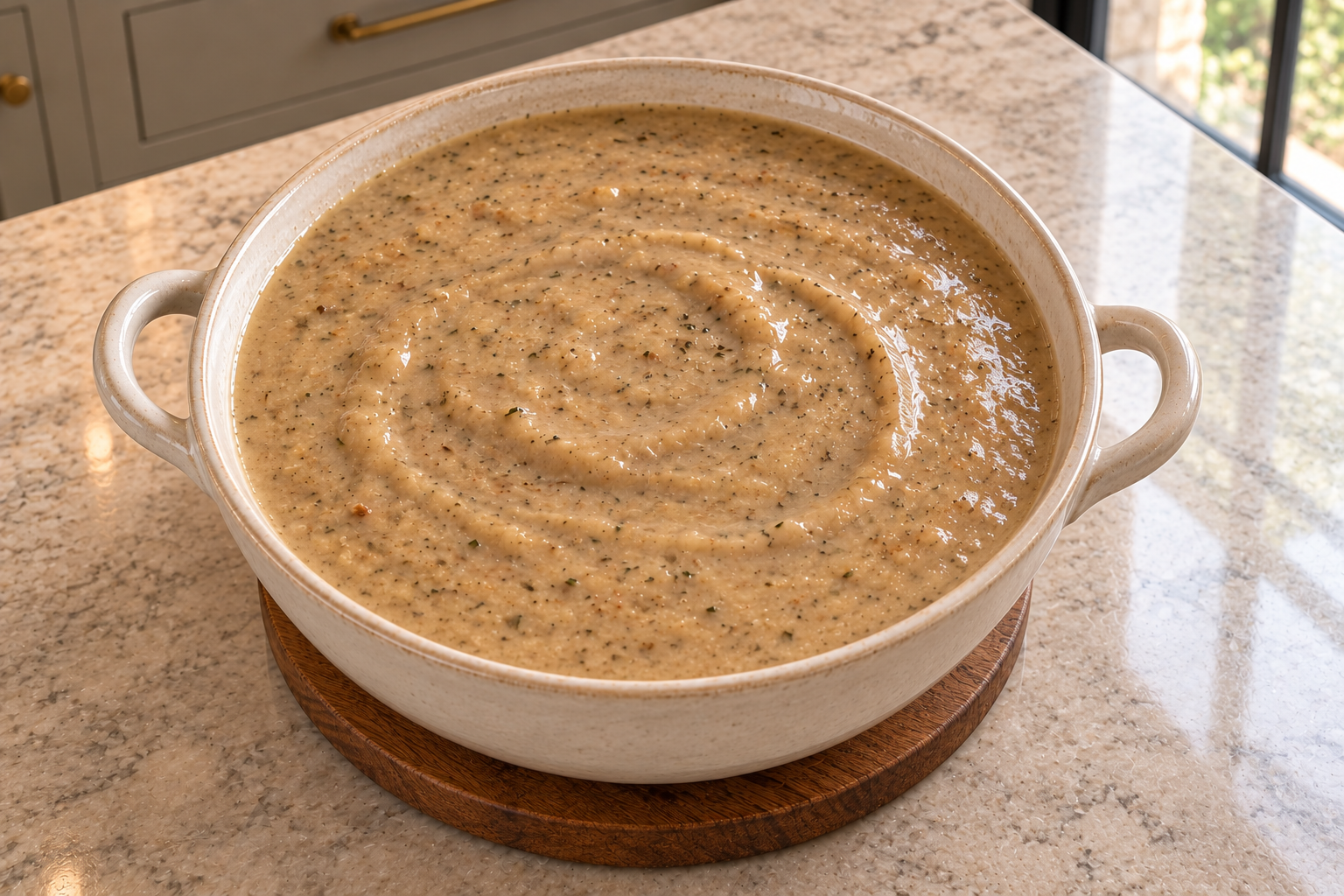 Overhead view of smooth dairy-free bacon onion gravy