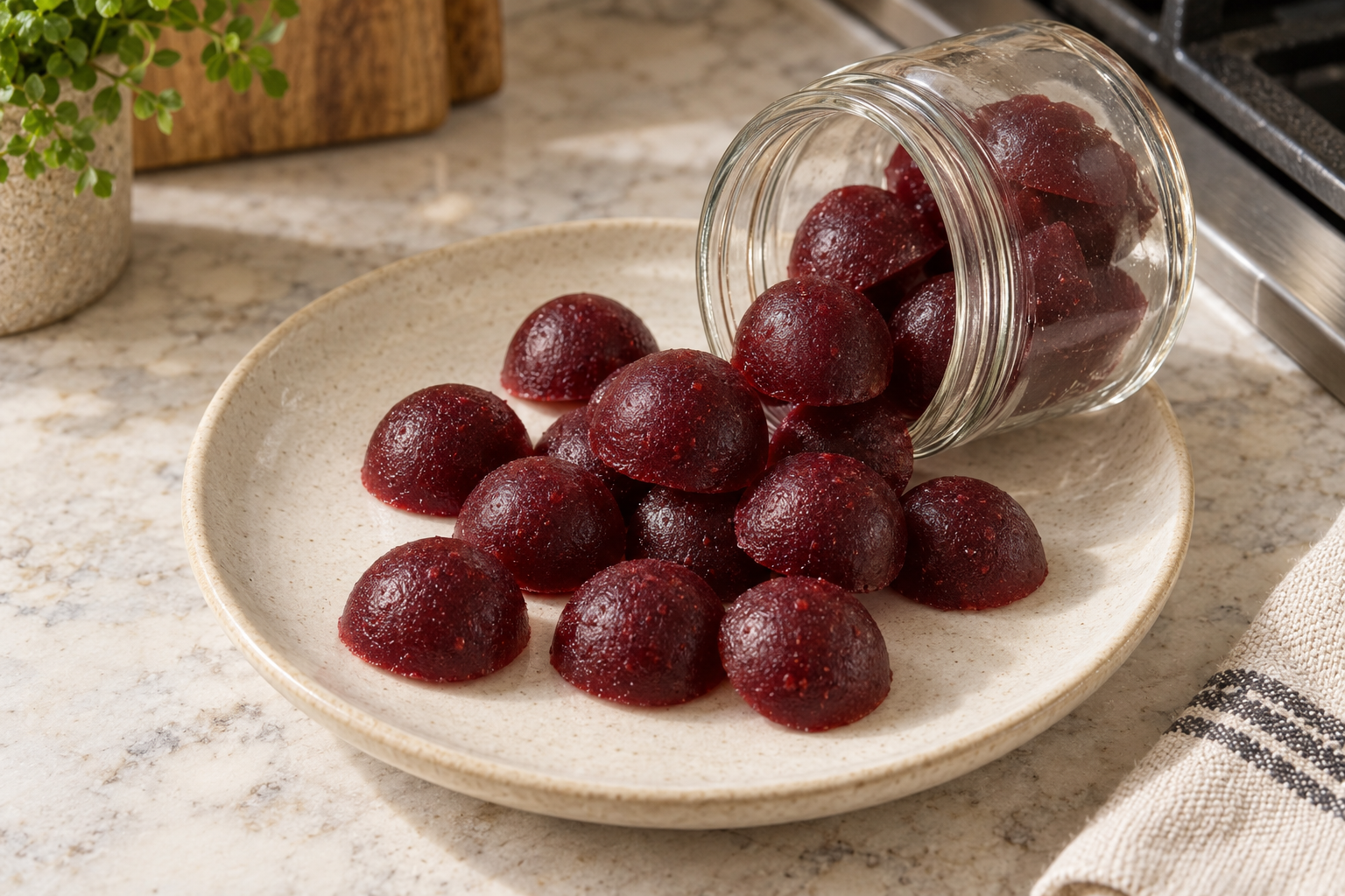 Dense whole-fruit cranberry gummies in a glass storage jar and on a cream ceramic plate