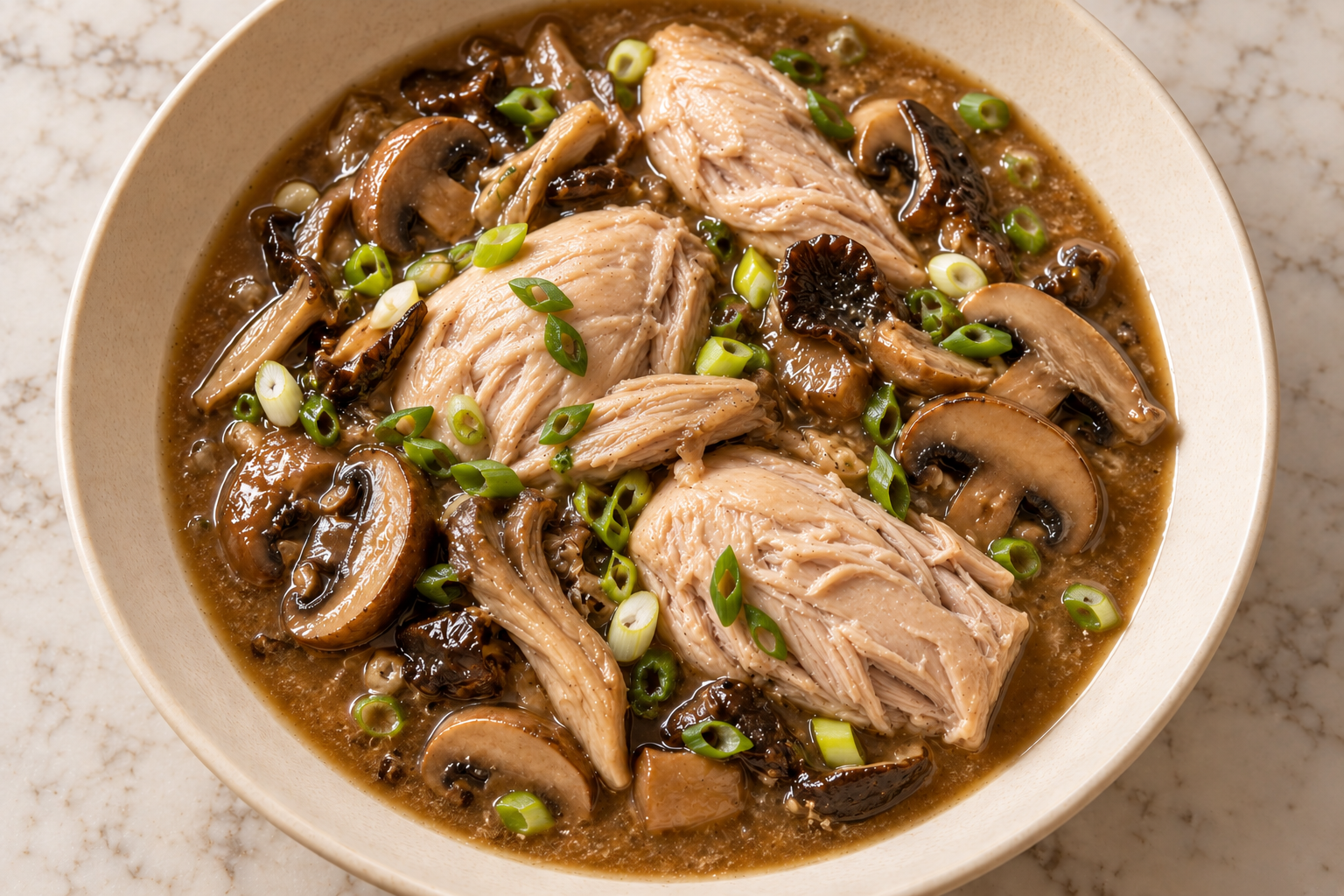 Overhead view of skinless gentle chicken and wild mushroom stew