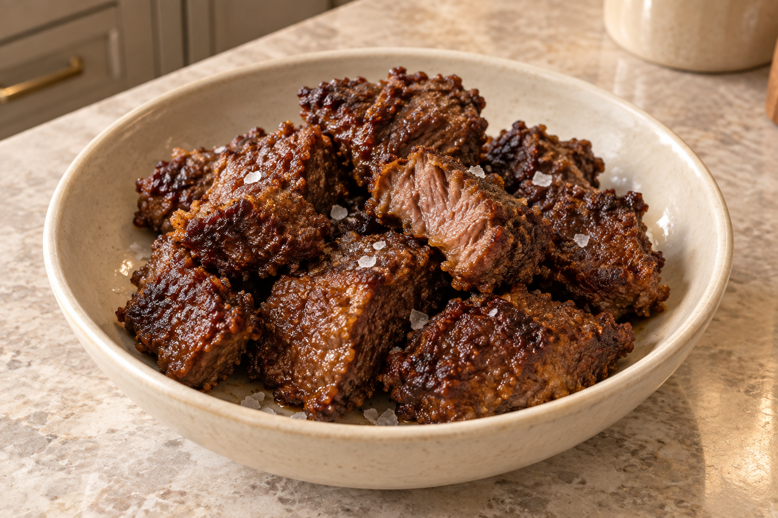 Crispy stew beef in a cream ceramic bowl with one piece opened to show its tender center