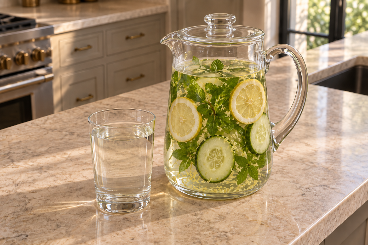 High angle view of Full GAPS cucumber lemon mint ginger infused water