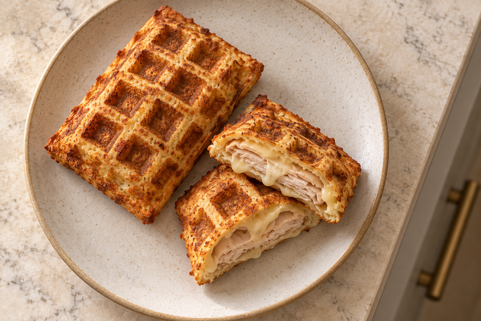 Overhead view of cocont flour turkey and Gruyere waffle pockets