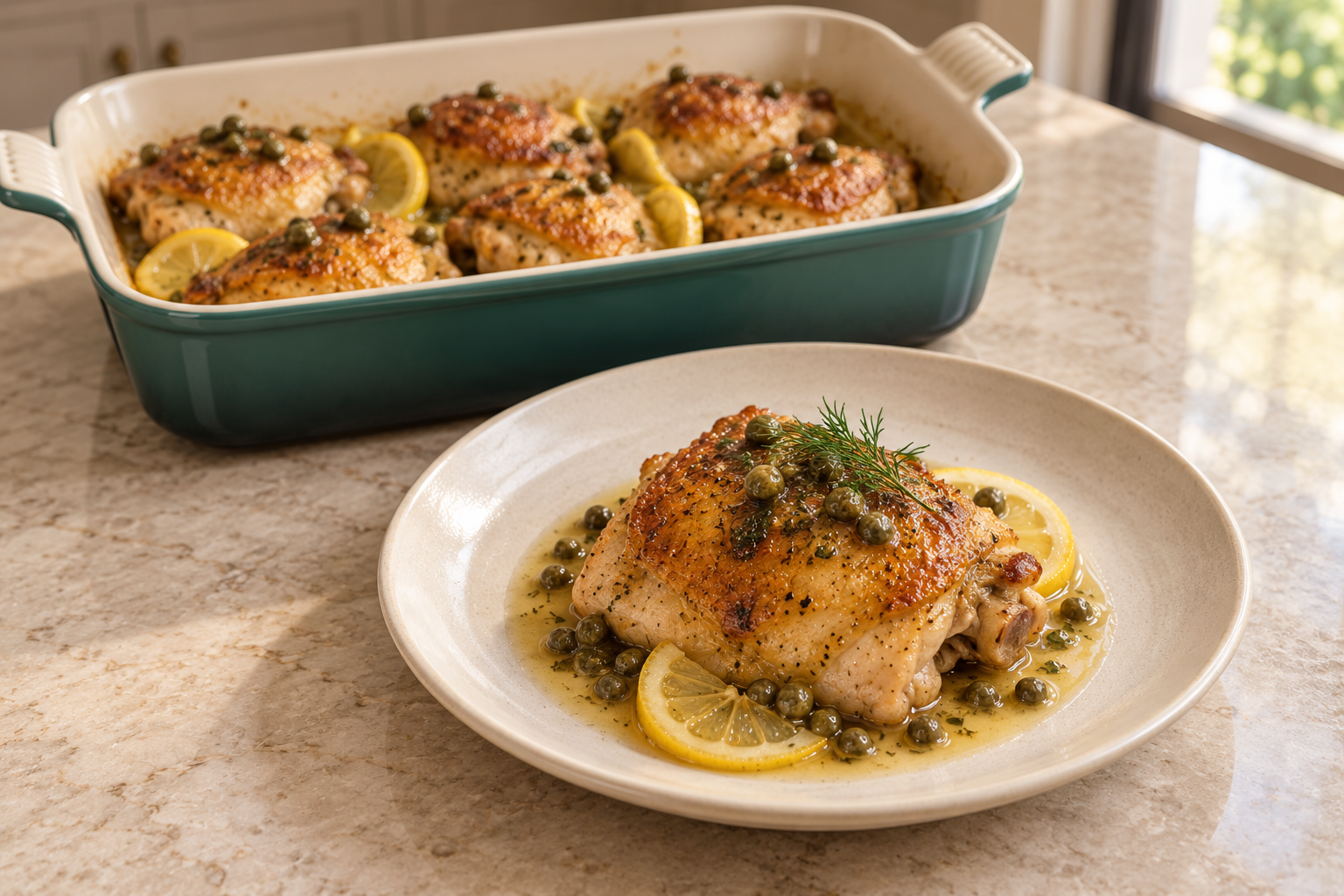 A plated Full GAPS chicken piccata thigh with lemon capers dill and pan juices