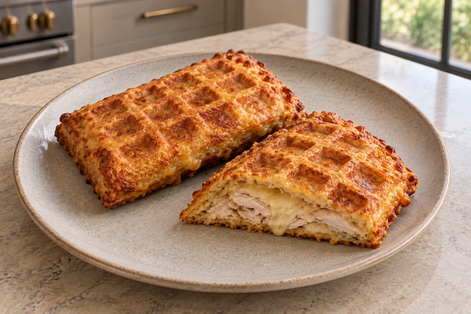 Overhead view of almond flour turkey and Gruyere waffle pockets