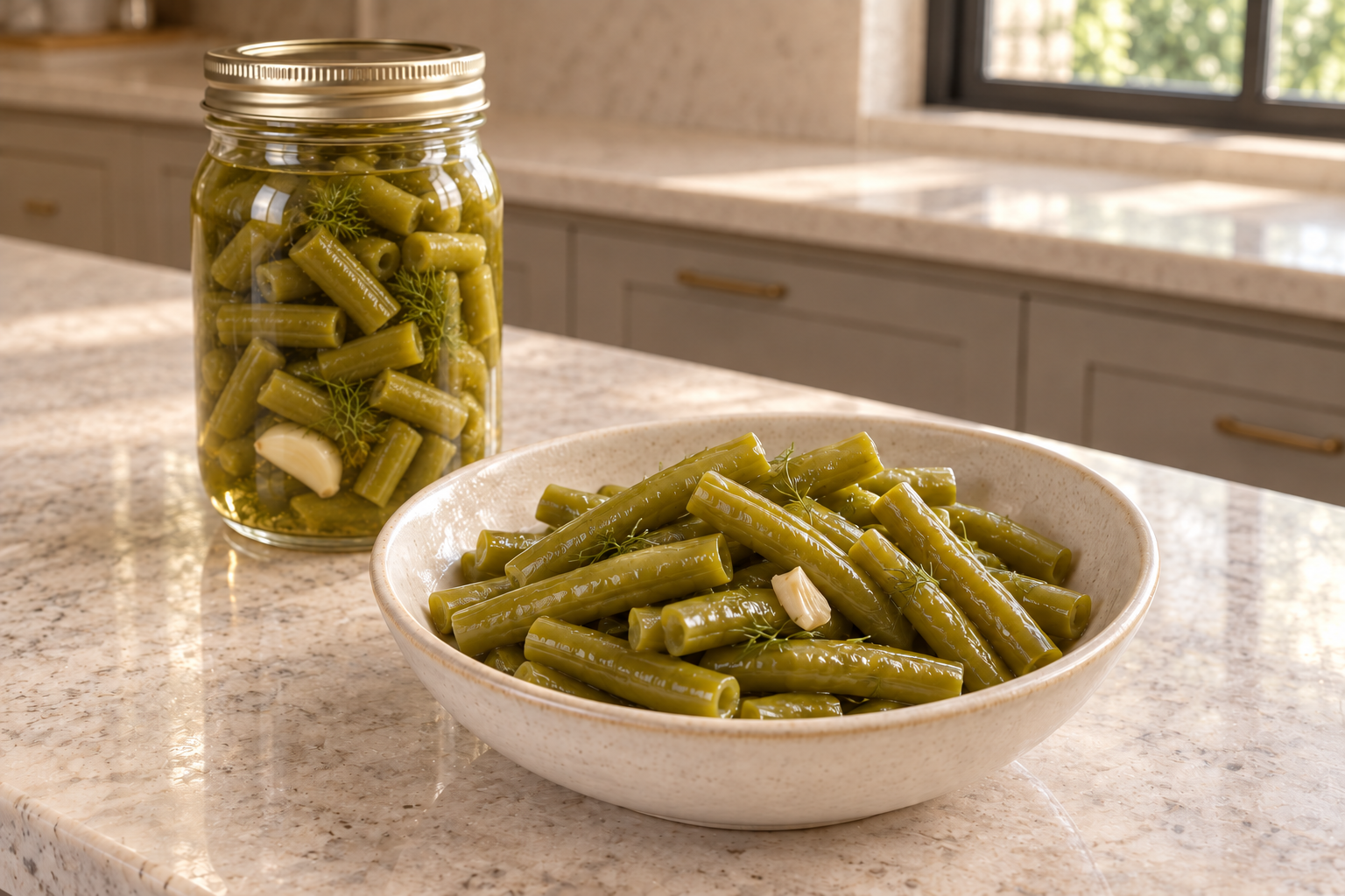Tender-crisp Full GAPS pickled string beans in a serving bowl with a jar behind