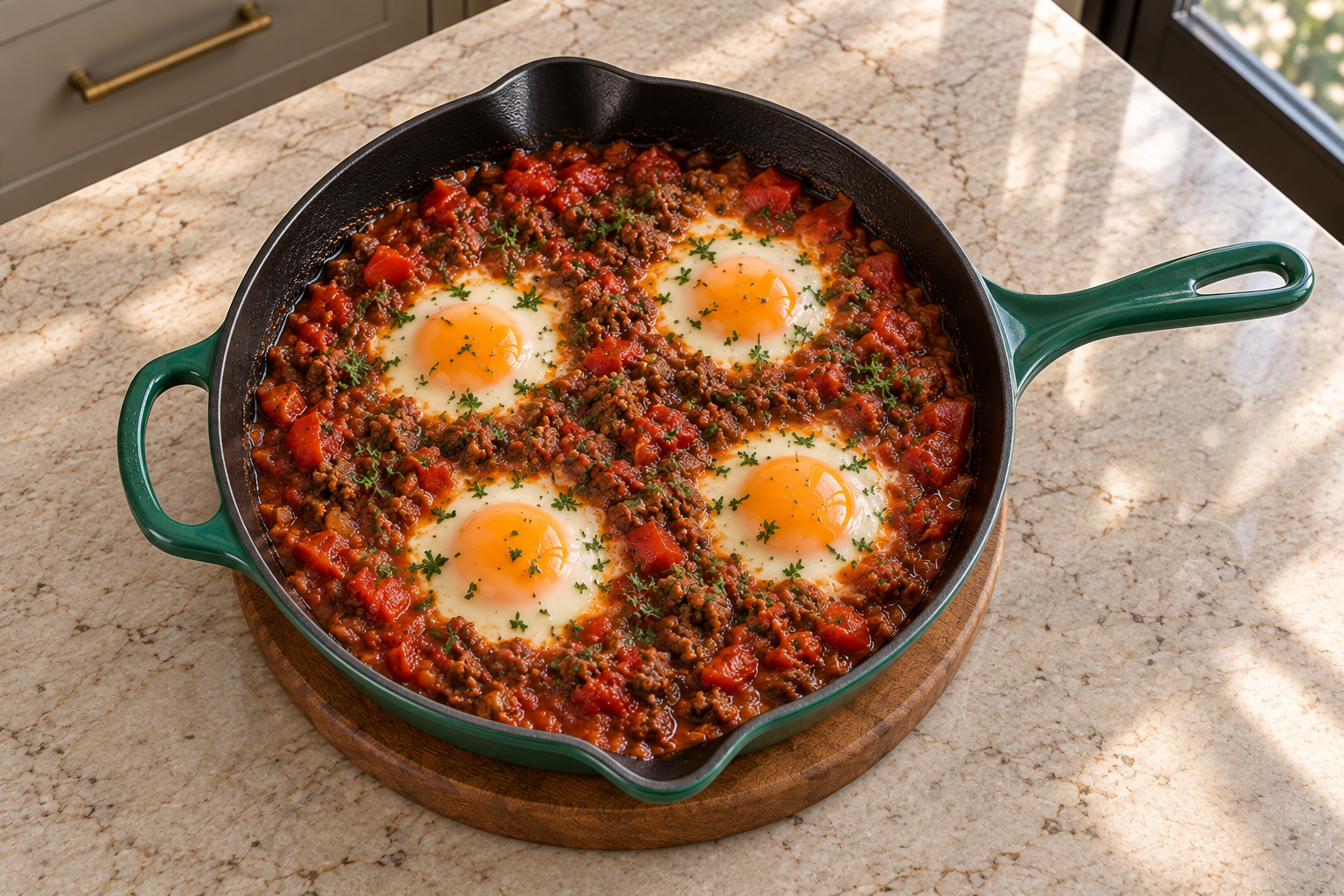High-angle view of four eggs in beef tomato and red pepper shakshuka