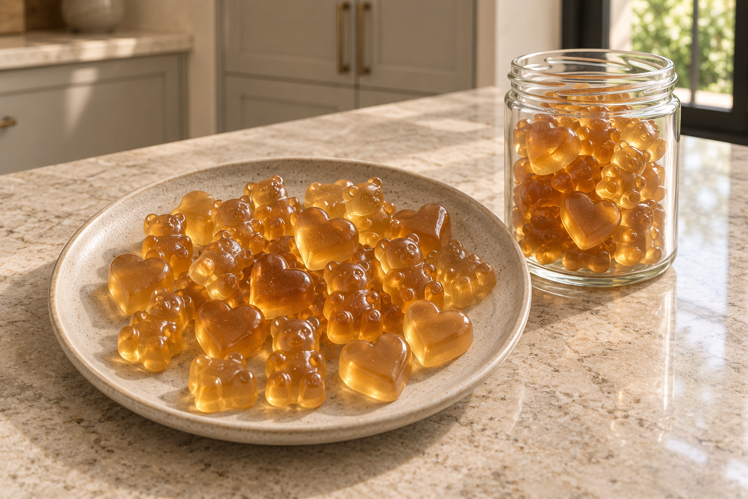 Overhead view of amber ginger tea gummies and glass storage jar
