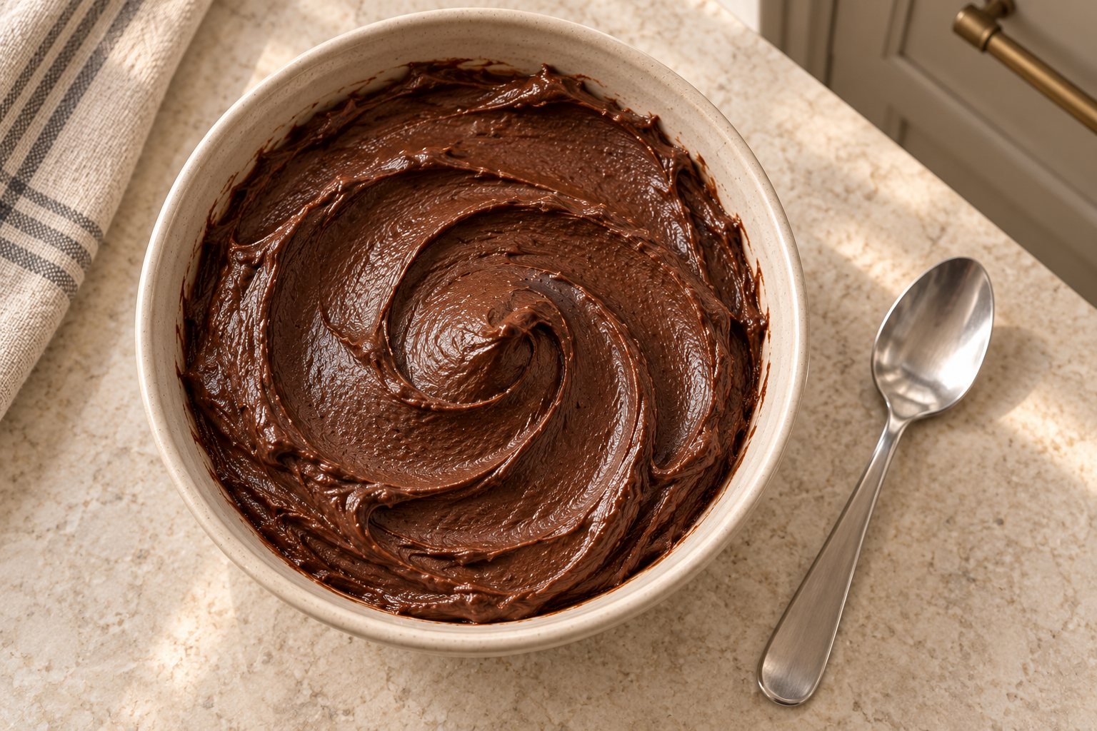 Overhead salted equal-parts cocoa frosting with smooth spiral folds