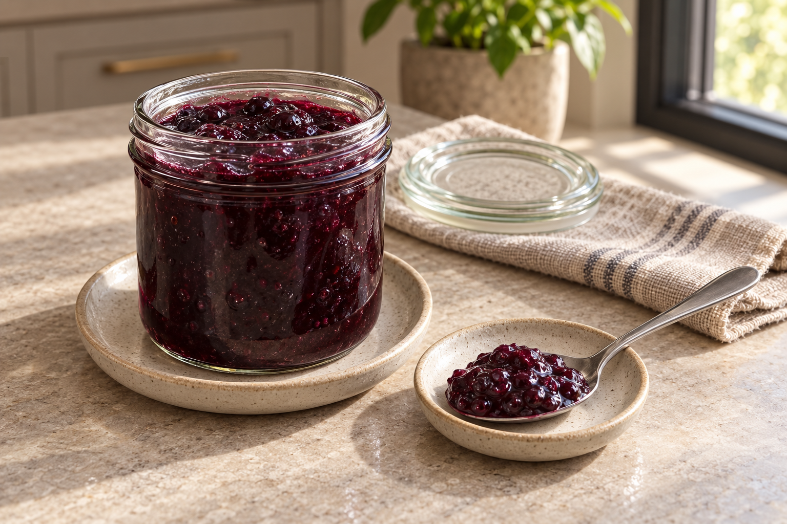 Open jar and fully supported spoon showing thick raw-honey blueberry gelatin jam texture