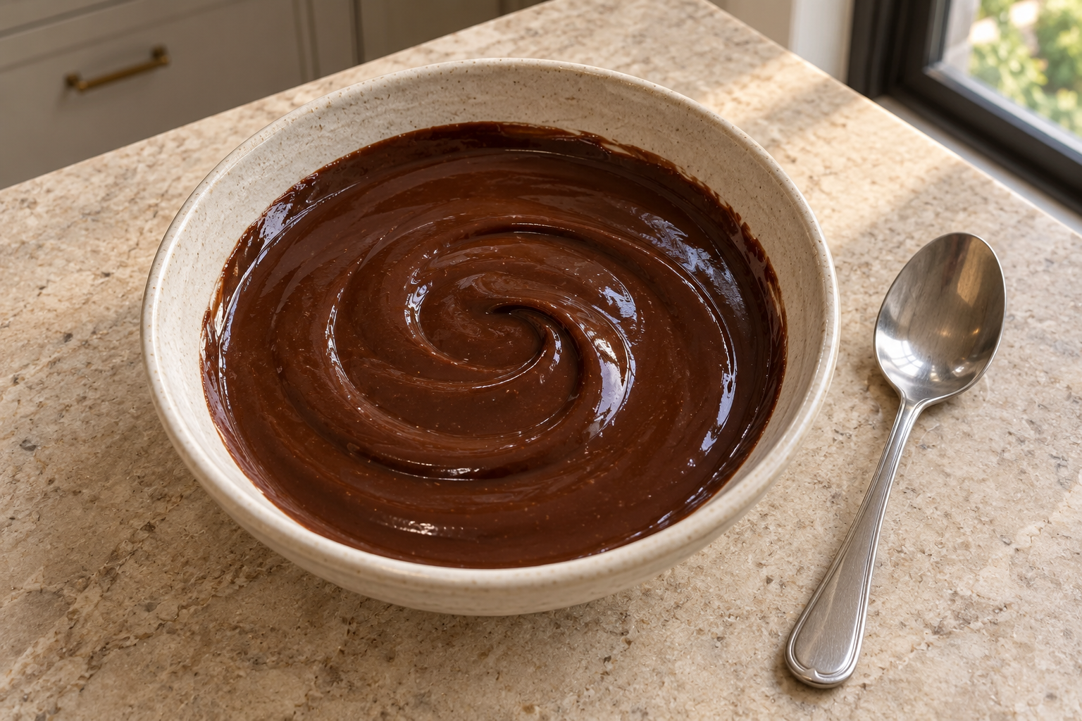 Overhead three-ingredient cocoa drizzle with a glossy trail nearly settling flat
