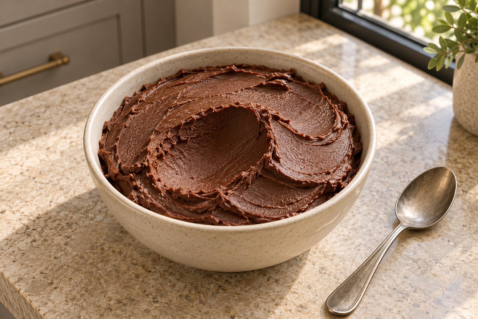 Overhead gelatin-set cocoa frosting with a clean scoop-shaped depression