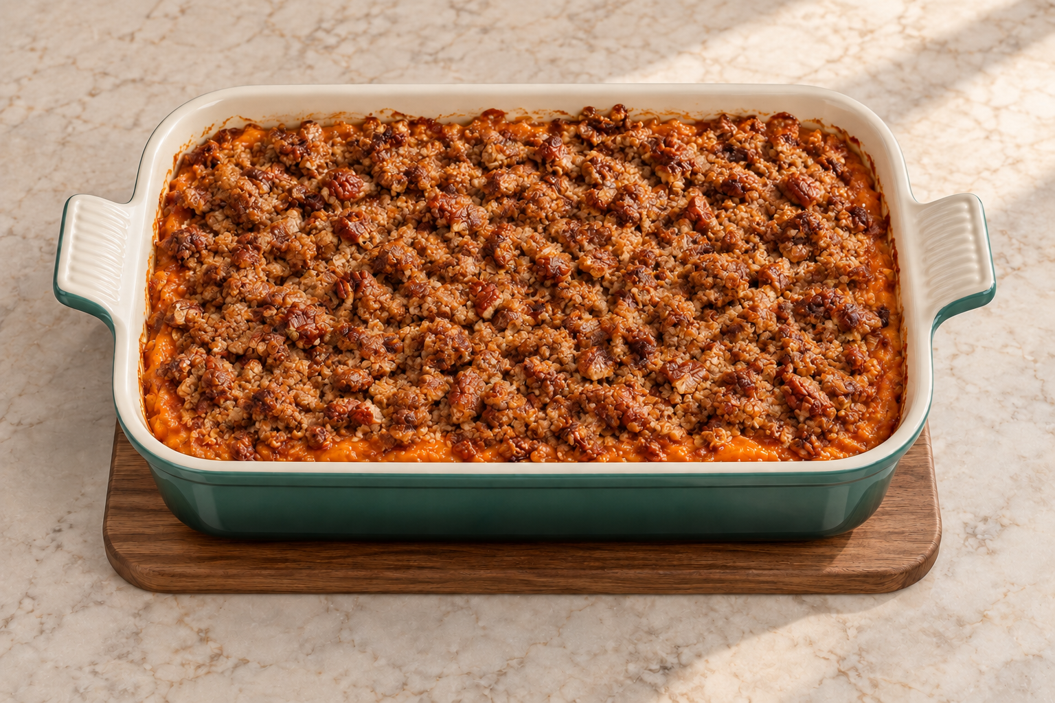 Overhead view of butternut squash casserole covered with baked pecan crumb
