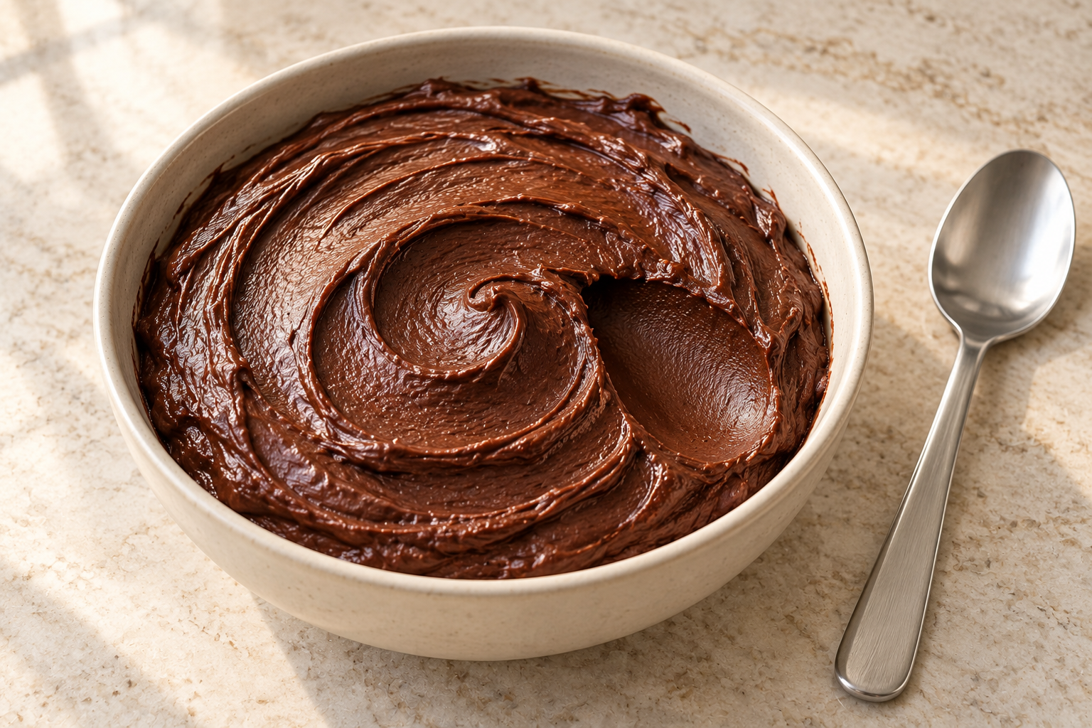 Near-overhead bowl of smooth cocoa cake frosting with a clean shallow scoop trail