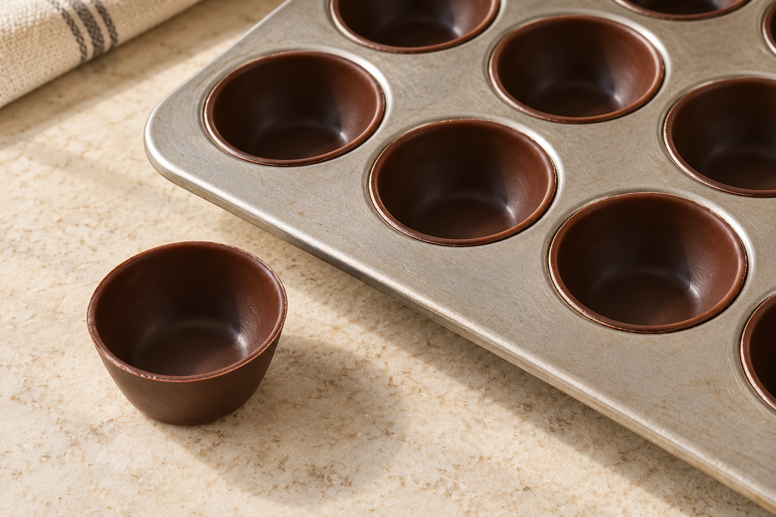 Close second angle of the set deep cocoa chocolate shell showing its even thickness
