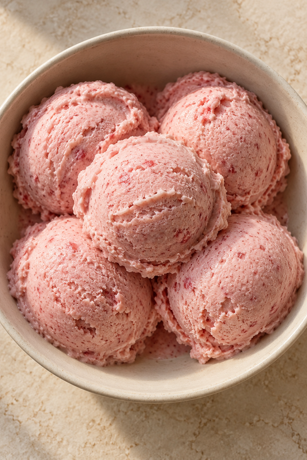 Overhead view of five scoops of strawberry coconut milk ice cream for Full GAPS